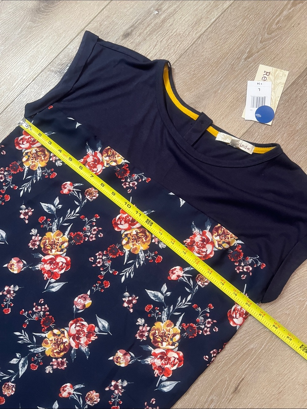 Rewind ~ Navy Floral Cap-Sleeve Blouse with Sheer Bodice, NEW WITH TAGS, Size L - Picture 5 of 11